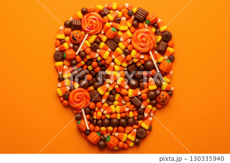 Skull made of Halloween candy 130335940