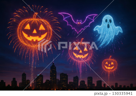 Halloween fireworks above city skyline 130335941