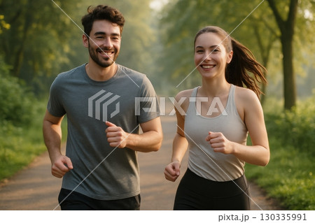 Couple jogging in park 130335991
