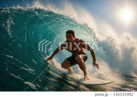 Surfer riding turquoise wave 130335992