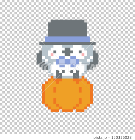 南瓜、高頂禮帽和灰色貓頭鷹的像素藝術 130336028