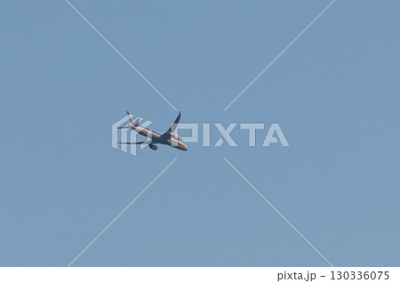 青空を飛ぶ飛行機を浮間公園で撮影 130336075