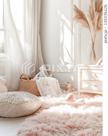 Kids room background for zoom calls. Creative Scandinavian interior. Minimalistic beige design 130336226