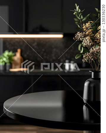 Black kitchen room background for zoom calls. Minimal dark room with glossy table in foreground 130336230