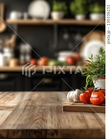 Black kitchen room background for zoom calls. Minimal dark room with wooden table in foreground 130336231