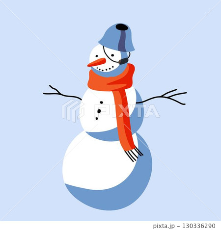 Snowman wearing a blue hat and orange scarf stands cheerfully against a light blue background during winter festivities 130336290