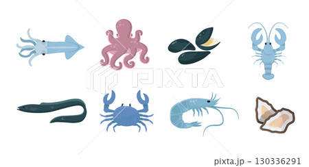 Sea underwater nature. Ocean wildlife elements. Cartoon vector illustrations set 130336291