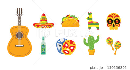 Mexico attributes set. Guitar, sombrero and taco. Traditional Mexican food and drink. Tequila, luchador masks and cactus. Ornate skull and maracas. Cartoon vector illustrations collection 130336293