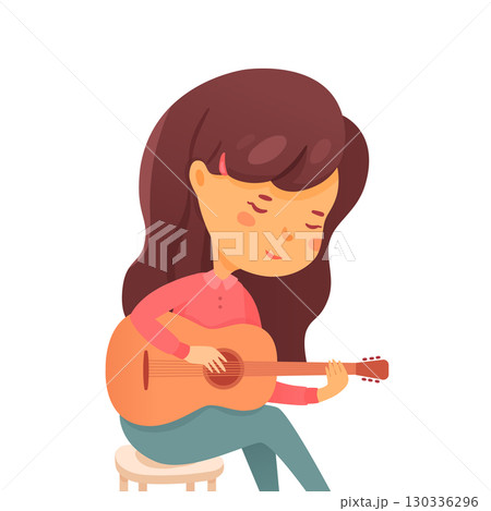 Girl playing guitar. Romantic girl with musical instrument. Music lesson, concert. Cartoon vector illustration 130336296