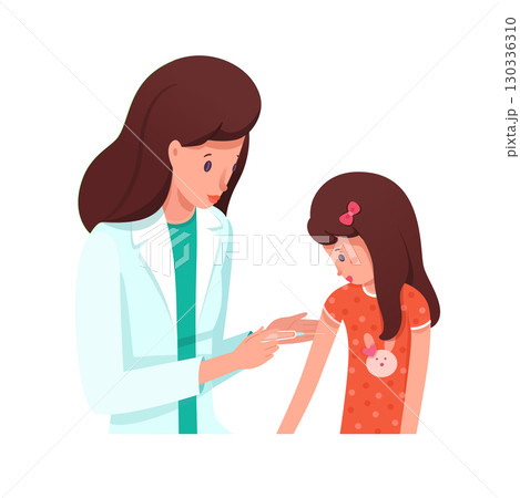 Preventive vaccination for children at hospital. Doctor vaccinating girl child. Pediatrician making injection. Medical treatment, disease prevention, healthcare and immunize. Vector illustration Preventive vaccination for children at hospital. Doctor vaccinating girl child. Pediatrician making injection. Medical treatment, disease prevention, healthcare and immunize. Vector illustration 130336310