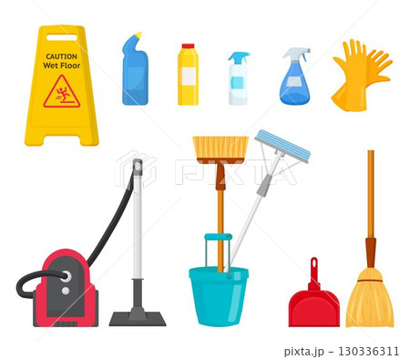 Cleaning equipment. Housekeeping and housework tools isolated on transparent background. Flat vector illustrations set 130336311