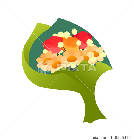 Flower bouquet in wrapping paper isolated on transparent. Floristic gift composition. Colorful flowers for wedding, birthday, anniversary, valentine day. Floral colorful flat vector illustration 130336315
