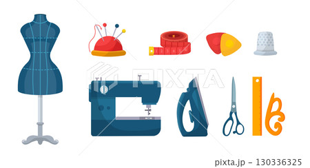 Set of sewing and tailoring tools including dress form mannequin, sewing machine, iron, scissors, measuring tape, chalk, thimble, ruler, pin cushion. Flat vector illustrations for fashion industry 130336325