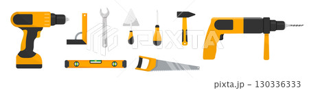 Set of construction and repair tools including drills, hammer, saw, wrench, screwdriver, trowel, level. Vector illustration of handyman equipment in yellow and black colors isolated on transparent 130336333