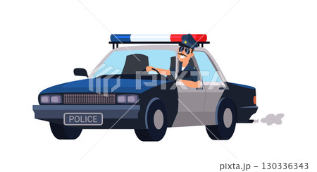 Smiling police officer driving classic black and white patrol car with red and blue emergency lights. Traffic policeman. Cartoon vector illustration 130336343