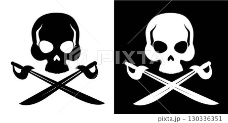 Black and white Jolly Roger pirate symbol featuring skull with hollow eyes and two crossed swords. Sea adventure, pirates, danger emblem. Isolated flat vector illustrations set 130336351