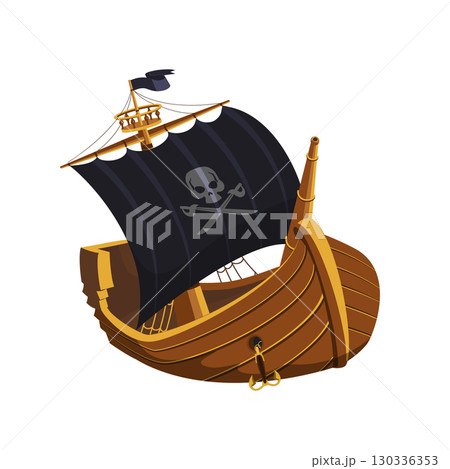 Wooden pirate ship with black sail featuring skull and crossbones. Classic pirates boat for kids party, poster, banner. Cartoon vector illustration 130336353