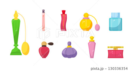 Parfum bottles set. Collection of decorative perfume bottles on transparent background in various shapes and colors. Cosmetic products aroma essence in glass packages. Cartoon vector illustrations Parfum bottles set. Collection of decorative perfume bottles on transparent background in various shapes and colors. Cosmetic products aroma essence in glass packages. Cartoon vector illustrations 130336354