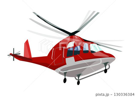 Red rescue helicopter with spinning rotor blades isolated on transparent background. Aerial emergency transport. Aviation, medical rescue and transportation concept. Flat vector illustration Red rescue helicopter with spinning rotor blades isolated on transparent background. Aerial emergency transport. Aviation, medical rescue and transportation concept. Flat vector illustration 130336384