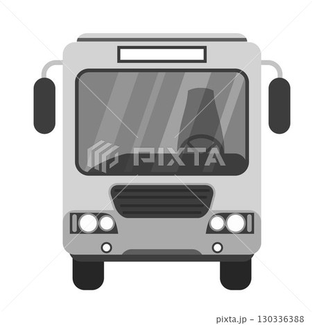 Front view of modern city bus in grayscale colors. Minimalistic and clean design for public transportation, travel, urban mobility and vehicle-related themes. Flat vector illustration Front view of modern city bus in grayscale colors. Minimalistic and clean design for public transportation, travel, urban mobility and vehicle-related themes. Flat vector illustration 130336388