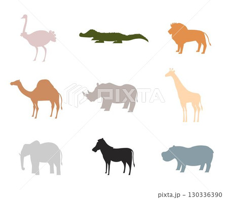 Set of African animal silhouettes in different colors, including ostrich, crocodile, lion, camel, rhino, giraffe, elephant, zebra, and hippo. Minimalistic wildlife vector illustrations 130336390
