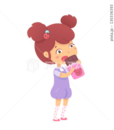 Happy child enjoying chocolate treat in cute outfit during sunny day at home Happy child enjoying chocolate treat in cute outfit during sunny day at home 130336393