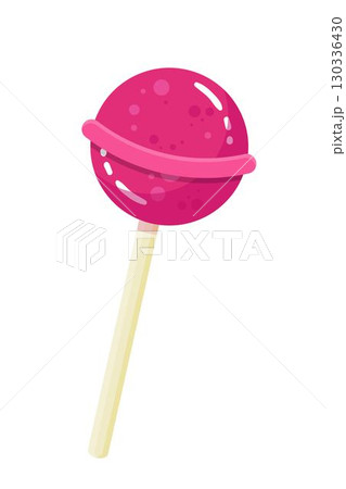 Pink lollipop. Delicious round hard caramel on stick isolated on transparent background. Red sweet confection, candy shop product. Tasty dessert. Flat vector illustration 130336430