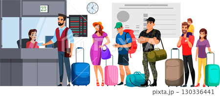 People standing in line at airport check-in counter. Passport control in airport. Travelers with luggage, backpacks and suitcases waiting for service. Tourists at hotel reception. Vector illustration 130336441