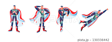 Superhero character in red and blue costume with cape. Set of heroic poses standing, searching, running, and flying. Vector illustration of cartoon comic hero isolated on white background 130336442
