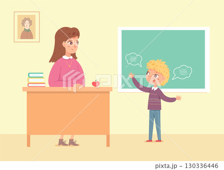Teacher and student in classroom. Boy speaks at blackboard while female teacher listens at desk. Educational scene with chalkboard. Vector illustration 130336446