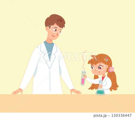 Girl doing science experiment with teacher supervision. Chemistry class, child in lab coat and safety glasses, holding test tube with colorful liquid. School laboratory. Vector illustration 130336447