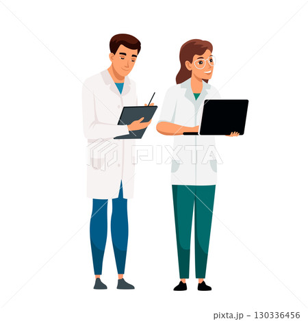 Two doctors in white coats discussing medical data. Female doctor holding laptop, male doctor writing on clipboard. Medical consultation, healthcare professionals, hospital staff. Vector illustration Two doctors in white coats discussing medical data. Female doctor holding laptop, male doctor writing on clipboard. Medical consultation, healthcare professionals, hospital staff. Vector illustration 130336456