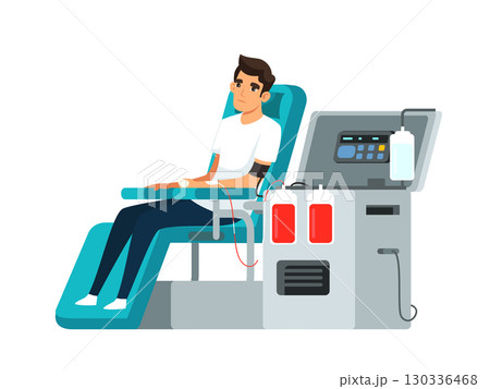 Blood donation process. Man sitting in medical chair donating blood with collection machine. Healthcare, volunteering, charity, life-saving medical concept. Vector illustration Blood donation process. Man sitting in medical chair donating blood with collection machine. Healthcare, volunteering, charity, life-saving medical concept. Vector illustration 130336468