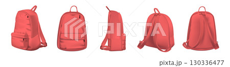 Red backpack design front, back, side and isometric view set. College or school rucksack mockup vector illustrations. Realistic youth pack of fabric for study or sport isolated on transparent 130336477