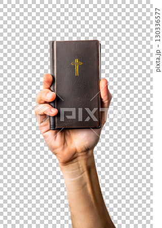 Hand holding holy bible with golden cross on the cover, sacred religious book isolated on transparent background Hand holding holy bible with golden cross on the cover, sacred religious book isolated on transparent background 130336577