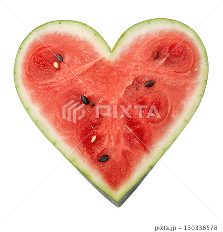 Heart-shaped watermelon slice with black seeds, juicy red fruit isolated on transparent background Heart-shaped watermelon slice with black seeds, juicy red fruit isolated on transparent background 130336578