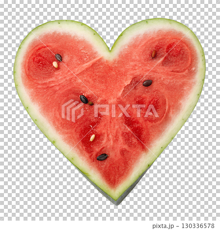 Heart-shaped watermelon slice with black seeds, juicy red fruit isolated on transparent background Heart-shaped watermelon slice with black seeds, juicy red fruit isolated on transparent background 130336578