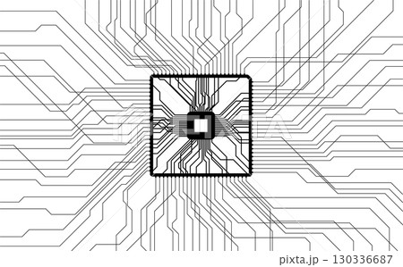 An intricate computer chip layout features detailed wiring patterns that radiate outward, showcasing the complexity of modern electronics. 130336687