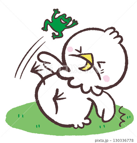 カエルに驚いてしりもちつく白い鳥のイラスト カエルに驚いてしりもちつく白い鳥のイラスト 130336778