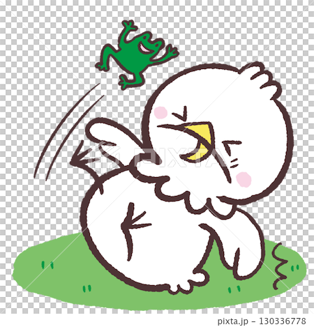 カエルに驚いてしりもちつく白い鳥のイラスト カエルに驚いてしりもちつく白い鳥のイラスト 130336778