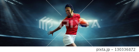 Female rugby player sprinting with ball on 3D stadium field under bright lights. Banner 130336872