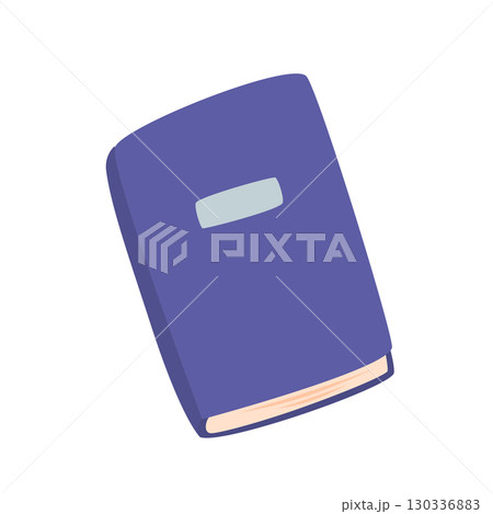 Closed blue notebook. Flat vector illustration of single book with label on cover, isolated on white background. School, study, office work, planning, stationery concept Closed blue notebook. Flat vector illustration of single book with label on cover, isolated on white background. School, study, office work, planning, stationery concept 130336883