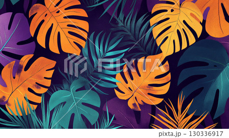 A vivid, artistic background with a dark purple center surrounded by stylized, colorful tropical leaves in shades of orange, teal, and magenta, with a textured finish. 130336917