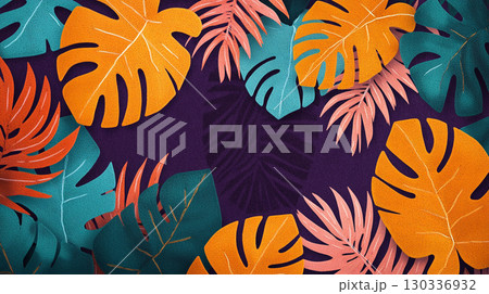 A vivid, artistic background with a dark purple center surrounded by stylized, colorful tropical leaves in shades of orange, teal, and magenta, with a textured finish. 130336932