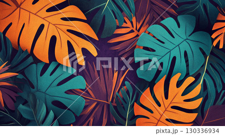 A vivid, artistic background with a dark purple center surrounded by stylized, colorful tropical leaves in shades of orange, teal, and magenta, with a textured finish. A vivid, artistic background with a dark purple center surrounded by stylized, colorful tropical leaves in shades of orange, teal, and magenta, with a textured finish. 130336934