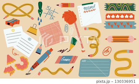 Set of stationery elements including pencils, pens, notes, eraser, clips, and colorful tape. Perfect for students, teachers, planners Set of stationery elements including pencils, pens, notes, eraser, clips, and colorful tape. Perfect for students, teachers, planners 130336951