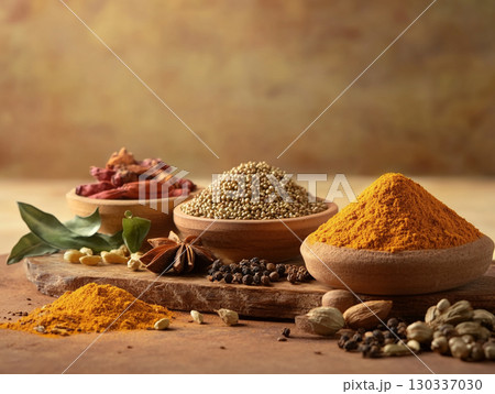 Various Indian spices set against a dark and rustic background. 130337030