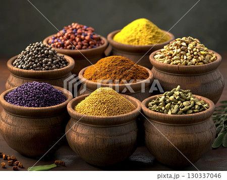 Various Indian spices set against a dark and rustic background. Various Indian spices set against a dark and rustic background. 130337046