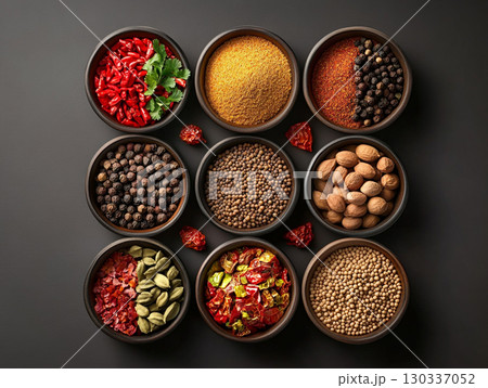 Various Indian spices set against a dark and rustic background. 130337052