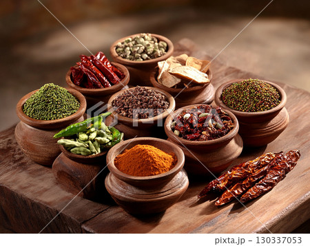 Various Indian spices set against a dark and rustic background. 130337053